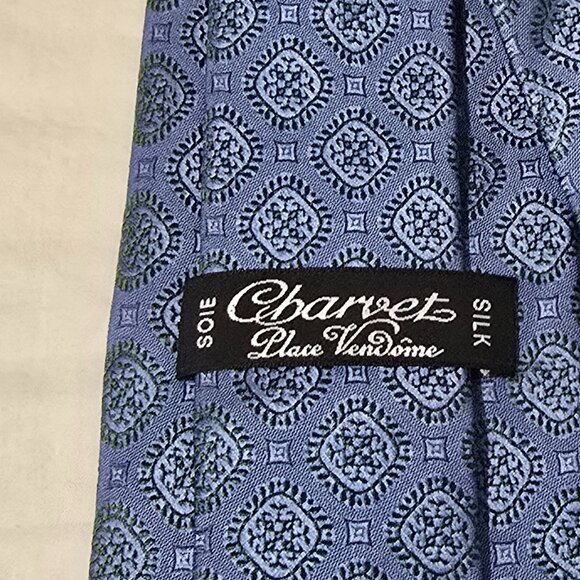 Charvet Place Vendome Made in France 100% Silk Necktie Blue Green Geo 3 3/8"x57" - Picture 5 of 6